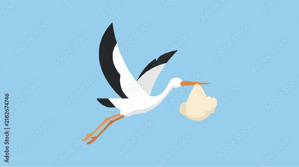 Obraz premium Stork Flying with Wrapped Baby Bundle Flat Illustration