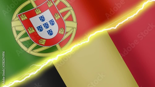 Two waving flags Portugal and Belgium with diagonal lightning seamless, 4k loop