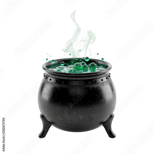 Fotografie Black witch cauldron with green magic potion bubbling and rising smoke isolated