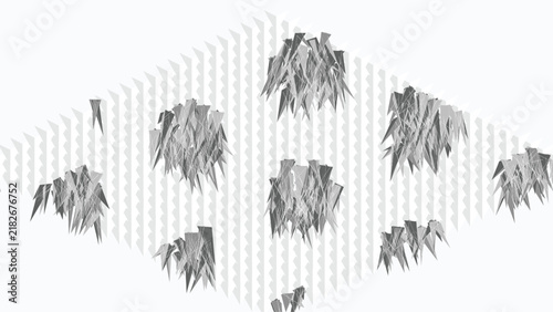Modern crystalline organic shapes scattered on isometric pattern backdrop
