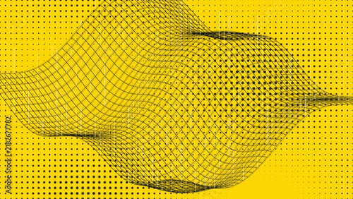 Abstract 3D mesh wave with geometric dotted grid backdrop
