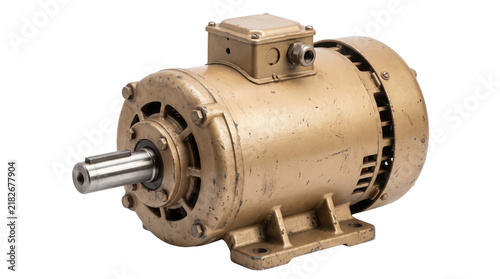 Industrial electric motor, heavy duty gold metal engine, powerful mechanical induction motor for factory machinery and automation