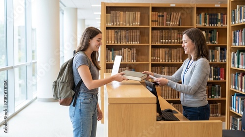Smiling female student getting book checked out by librarian in university library