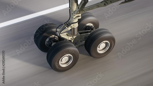 View on airplane wheel at landing, close up shot