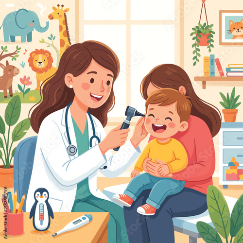 Pediatric Doctor Examining Child Patient in Clinic with Mother Healthcare Illustration