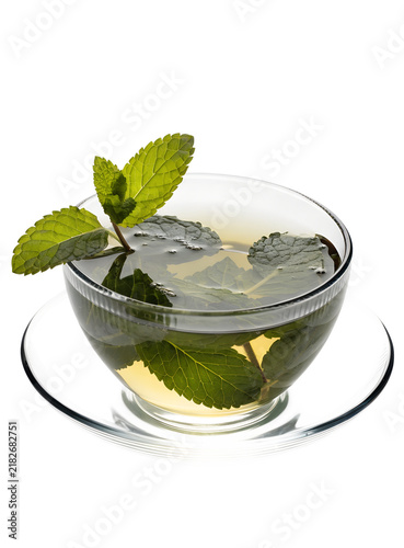 Cup of mint tea with fresh mint leaves illustration isolated on a transparent background