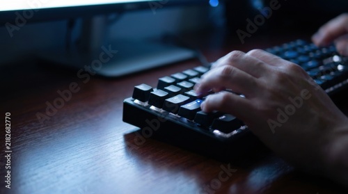Programmer Hands Typing on Mechanical Keyboard in Dark Evening Office