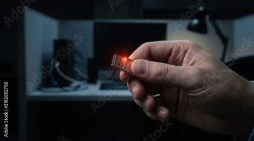 Hand Holding Glowing Red USB Hardware Security Key in Dark Office