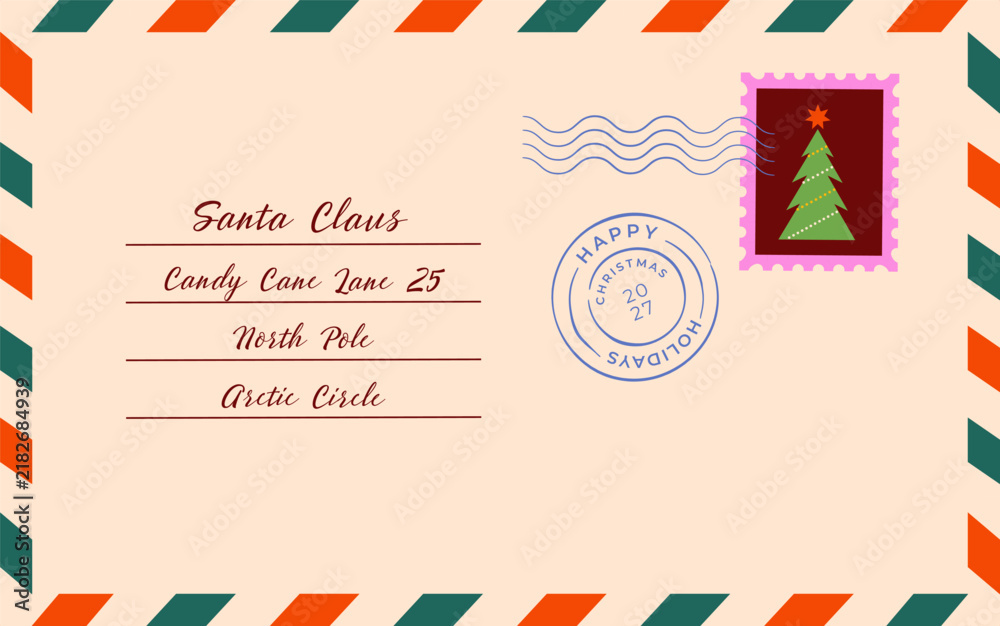 Obraz premium Christmas letter to Santa Claus. Vintage envelope with postmark and Christmas tree postage stamp