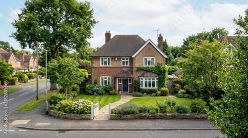A two-story brick house with a green lawn, a garden, and a driveway in a suburban neighborhood with trees and a street in the background.
