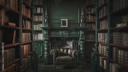 Grand dark academia library interior with a cozy fireplace and tall bookshelves