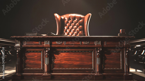 An ornate high backed chair illuminated in a dimly lit grand hall setting