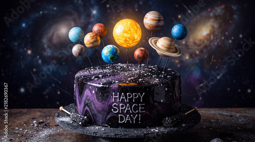 Solar system galaxy cake with sugar planets for Space Day celebration
