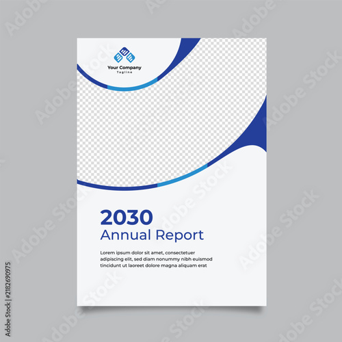 Modern blue annual report cover template with abstract wavy shapes, professional business brochure layout with image placeholder and copy space.