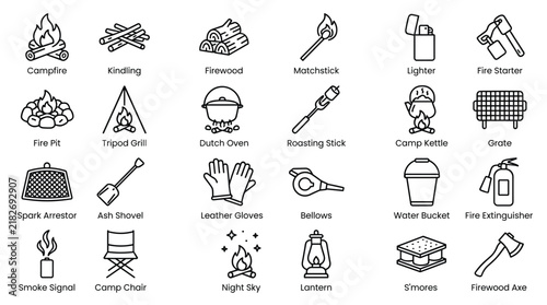 Detailed campfire and fire building equipment icon collection illustrates essential tools for outdoor cooking warmth and safety during night camping trips.