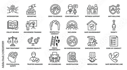 Equality diversity inclusion icons set, illustrating key principles of a fair and respectful workplace, useful for HR and policy documents.