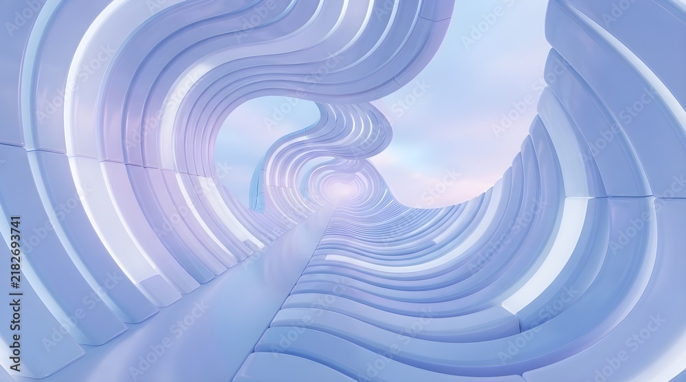 Fototapeta premium Abstract futuristic tunnel with wavy architectural structures and soft blue lighting, 3d render of a modern corridor leading to a bright glowing exit