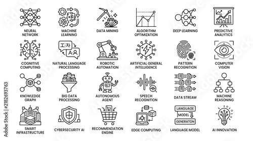 Outline icons for advanced artificial intelligence and machine learning concepts in technology and data science.