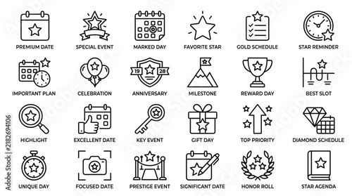 Premium star and milestone icons set featuring special events marked days gold schedules high priority rankings excellence awards corporate prestige.
