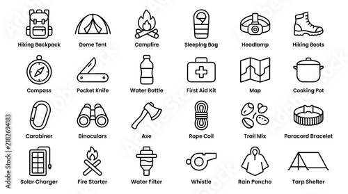 Professional trekking and wilderness survival gear icons depict mountain climbing tools camping shelter protective clothing and essential hiking accessories.