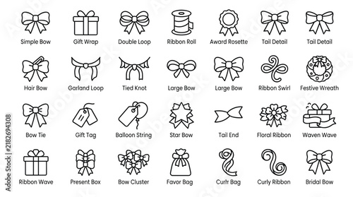 Ribbon bow icons collection simple black outline vector decorative knots for gift wrapping fashion accessories design elements craft embellishments.