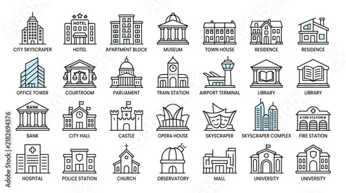 Public architecture and city landmark icons set with blue accents including city hall courthouse castle and observatory for educational map illustrations.