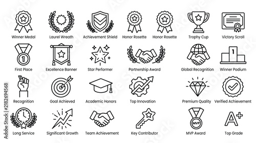 Success and recognition line icons represent winner medals achievement shields honor rosettes and trophy cups for professional and academic excellence.