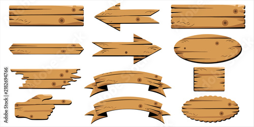 A set of wooden planks, directional arrows, curved ribbon banners, and oval signboards isolated on a white background.