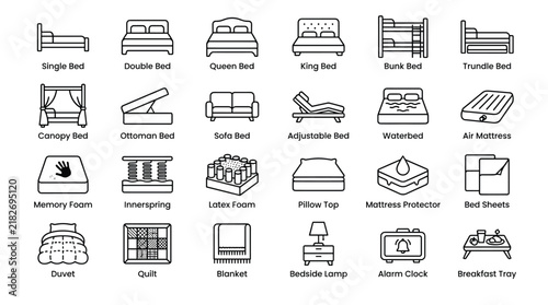 Variety of bed types and bedding accessories collection for comfortable sleep and bedroom furniture solutions.