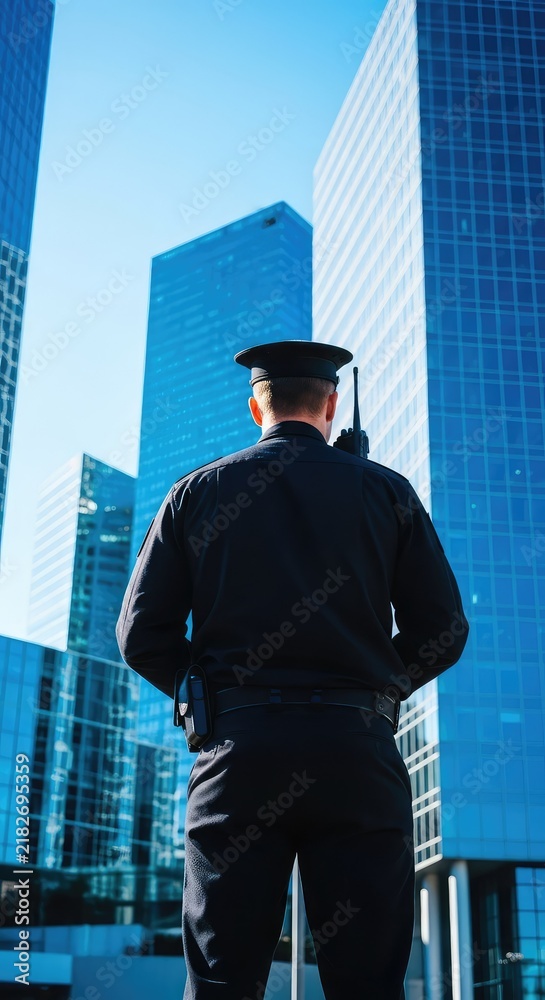 Fototapeta premium Back view of a professional uniform guarding a contemporary corporate complex with glass skyscrapers under a clear sky for safety concept, professional, city, security