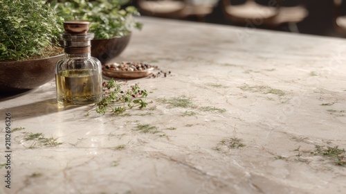Neutral Stone Countertop with Faint Herb Shadows and Cooking Ingredients