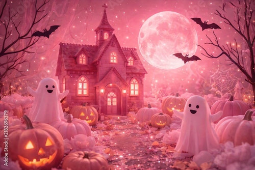 Playful Halloween scene with glowing pumpkins, smiling ghosts, bats, and a pink moonlit house, blending spooky charm with dreamy pastel magic