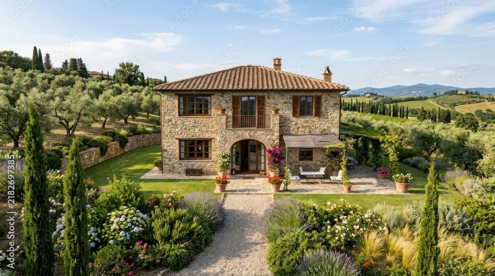 Obraz premium A picturesque Tuscan villa with a garden and olive trees in the background.
