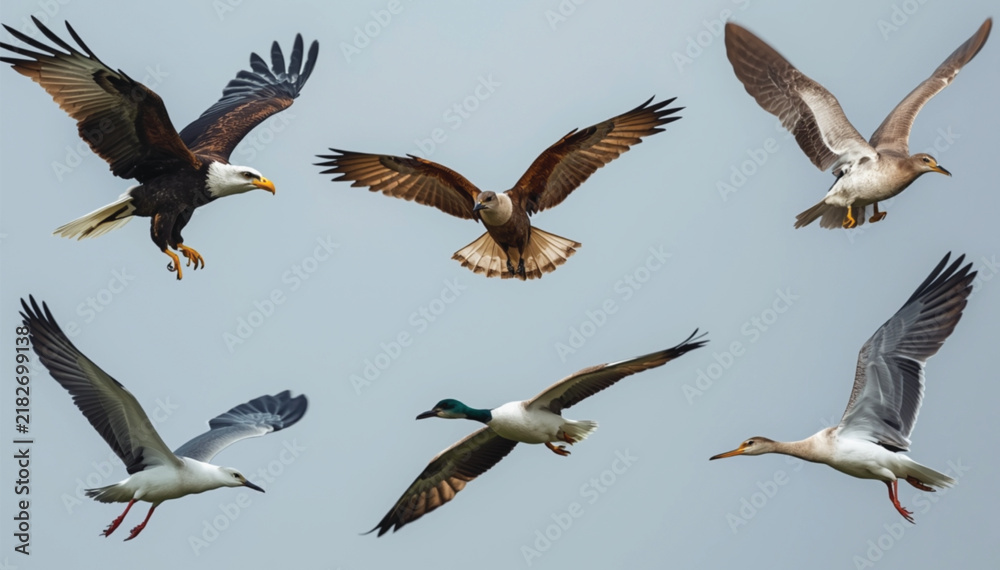 Obraz premium Birds of prey and waterfowl fly across an open sky in a composite wildlife collection showcasing varied wingspans and avian flight patterns.