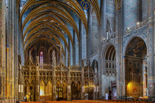 Interior view of the gothic rood screen jube inside Albi Cathedral, France. Flamboyant style art, indoor lighting