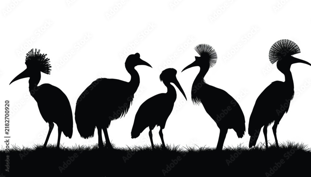 Fototapeta premium Crested crane silhouettes stand in a horizontal row along a grassy meadow ridge against an empty isolated white backdrop in minimalist style.