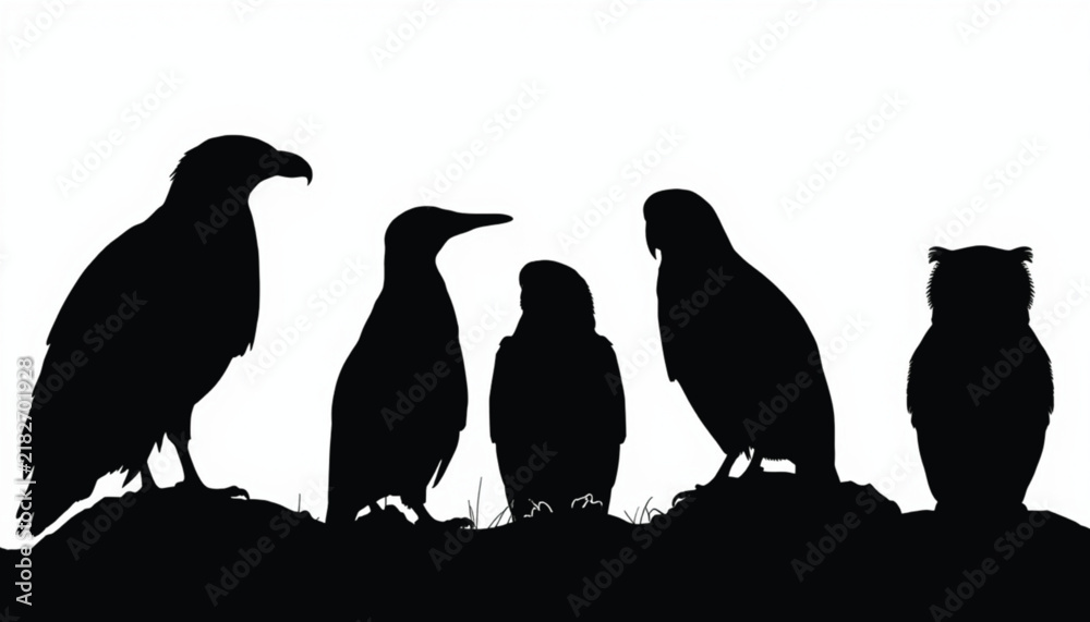 Fototapeta premium Bird silhouettes including eagles, gannets, and owls stand gathered along a terrain ground against an empty white background.