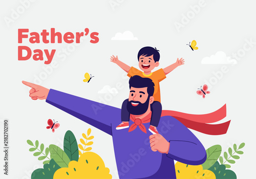Bild auf Leinwand A father and son are role-playing as superheroes, vector illustration, celebrate