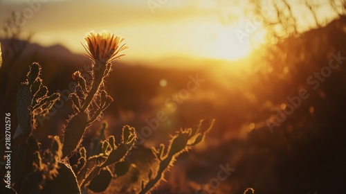 Blooming desert cactus flower backlit by a warm golden sunset glowing in the arid landscape during dusk