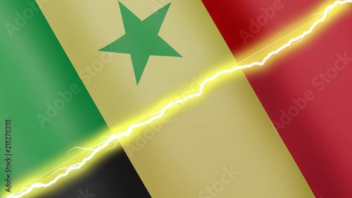 Two waving flags Senegal and Belgium with diagonal lightning seamless, 4k loop