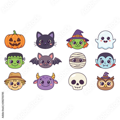 Halloween-Themed Cartoon Animal and Creature Faces.