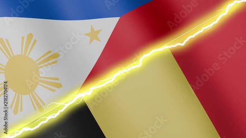 Two waving flags Philippines and Belgium with diagonal lightning seamless, 4k loop