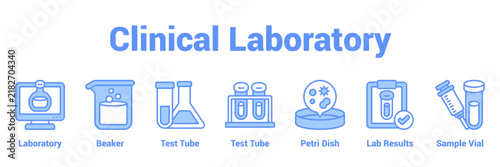 Clinical Diagnostics       banner web icon vector illustration concept with an icon of business with icon of Electrocardiogram, Cardiogram, Pulse, Stethoscope, Monitor, Microscope, Test Tube .