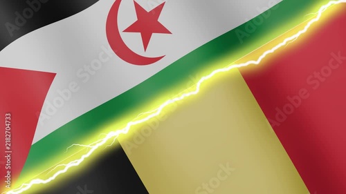 Two waving flags Western Sahara - Sahrawi Arab Democratic Republic and Belgium with diagonal lightning seamless, 4k loop