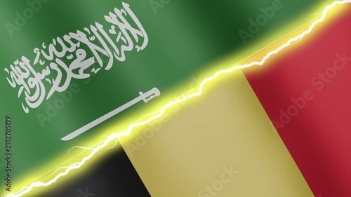 Two waving flags Saudi Arabia and Belgium with diagonal lightning seamless, 4k loop