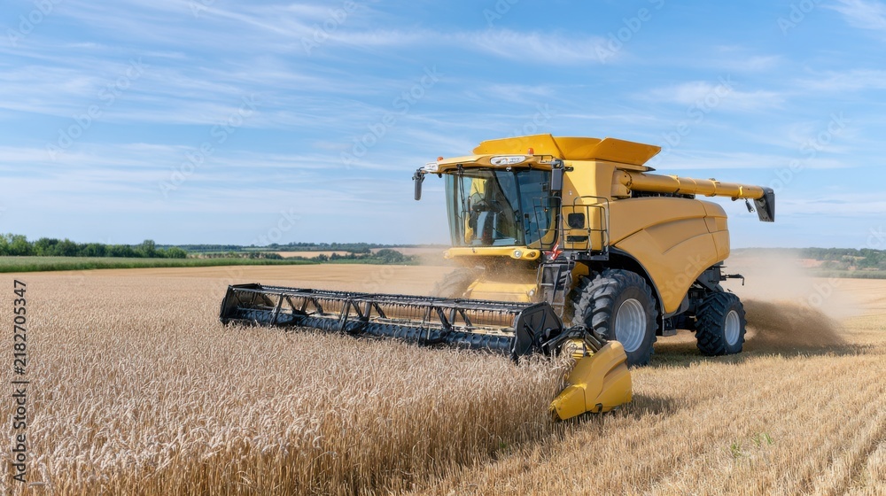 Obraz premium Yellow combine harvester cutting wheat in a vast agricultural field under a clear blue sky with distant trees and farmland visible in the background