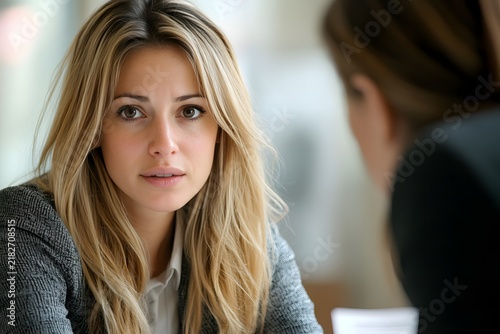 Young businesswoman with blonde hair listening attentively during a professional job interview