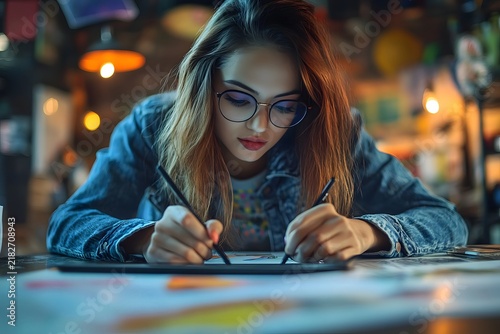Young woman wearing glasses intently sketching on a tablet in a cozy workshop