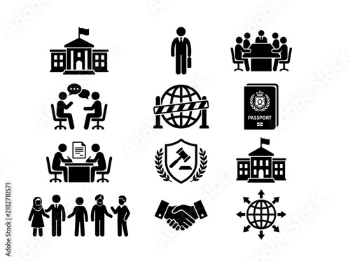 Diplomacy and foreign policy icon set. Flat duotone symbols for embassy, ambassador, summit meeting, bilateral talks, sanctions. Geopolitics vector illustration.