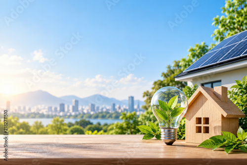 Sustainable house model with solar panels and plant in a lightbulb for green energy concept